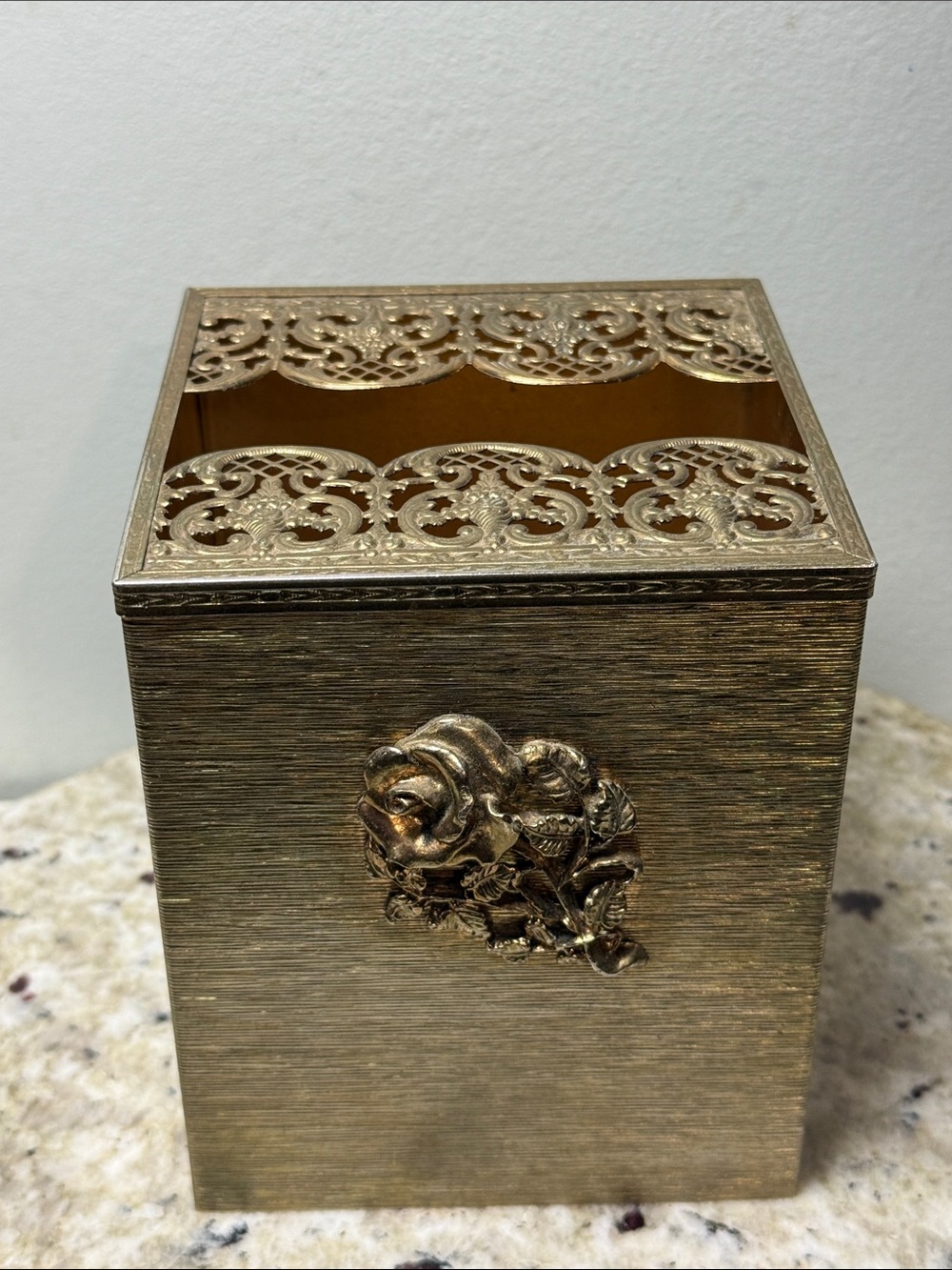 Vintage 1950s Country Chic Filigree Metal Ornate Stylebuilt Rose Tissue Box